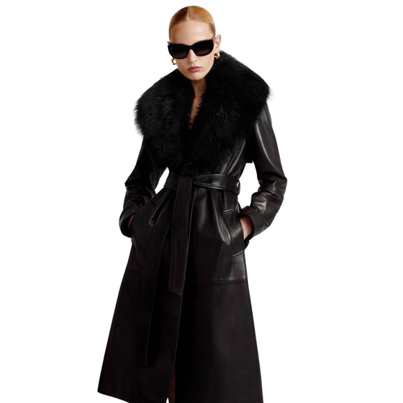 Black Dakota Belted Leather Coat Trench Removable Fur Collar Jacket - Picture 5 of 8